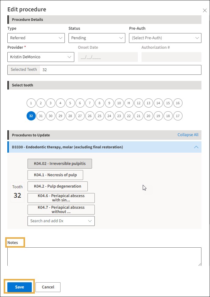 Edit procedure window with a yellow highlight around Notes and Save.